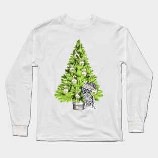 Papillon Dog Christmas scene with Christmas tree and Santa hat Long Sleeve T-Shirt